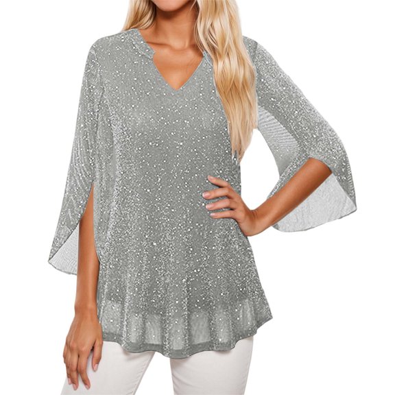 Daznico Double Layer Thread Mesh Loose Fit Blouse Top with Flared Three Quarter Sleeves and Elegant Collar Design for Summer Casual Wear and Outfits,Mardi Gras Clothing,Mardi Gras Shirts,XL