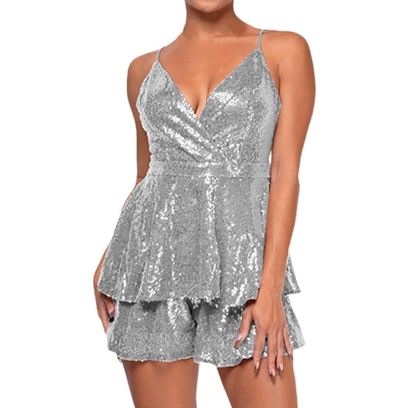 Daznico Elegant Festival Style Layered Deep Back Jumpsuit Dress for Sleeveless Sequin Midi Romper Outfit for Party Events,Mardi Gras Clothing,XL