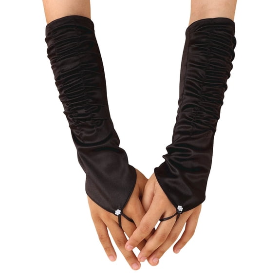 Daznico Elegant Satin Opera Long Stretch Elbow Length Formal Evening Party Mitten with Finger Slit and Ruffle Design,Mardi Gras Clothing,One Size