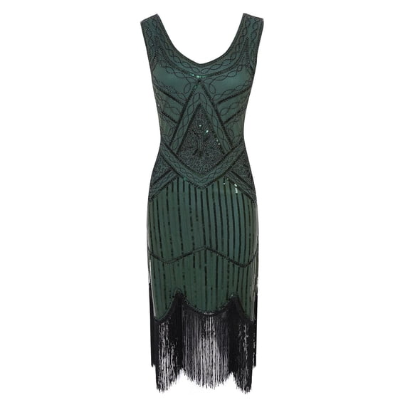 Daznico Elegant Sequin Fringe Evening Gown with Beaded Details for Party Dress Formal Occasion Sparkling Midi Length Attire,Mardi Gras Clothing,S