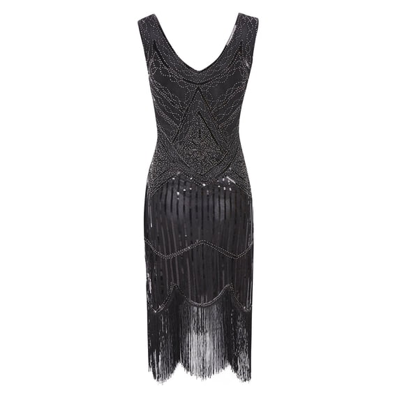 Daznico Elegant Sequin Fringe Evening Gown with Beaded Details for Party Dress Formal Occasion Sparkling Midi Length Attire,Mardi Gras Clothing,S