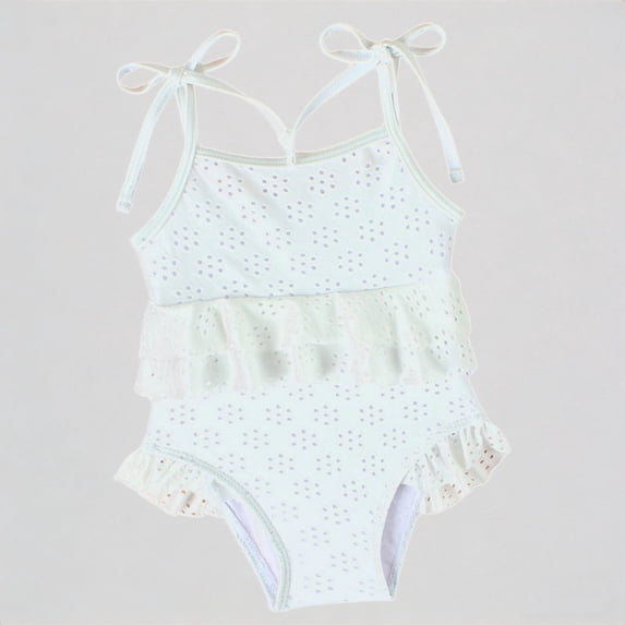 Daznico Eyelet Ruffle Baby Girls One Piece Swimsuit, Tie Shoulder Sleeveless Toddler Bathing Suit,2-3 Years
