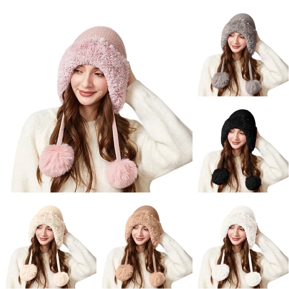 Daznico Lined Knitted Ear Flap Beanie with Hanging Pom Poms Thermal Windproof Winter Hat Ear Protection Accessories for Ladies Outdoor Activities in Cold Weather