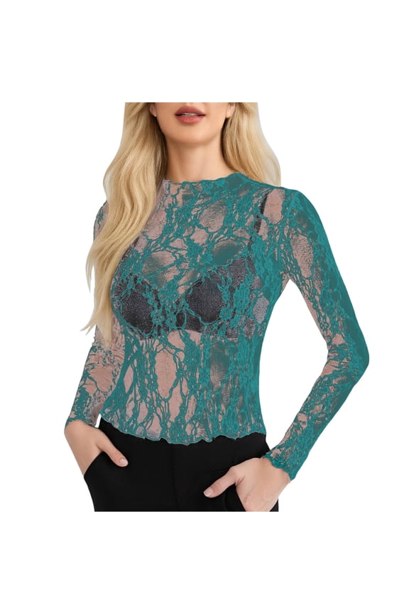 Floral Lace Sheer Mesh Blouse Women's Long Sleeve Neck See Through Top for Layering Lightweight Breathable Shirt,Size:XL