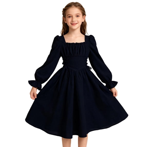 Daznico French Square Neck Girls Party Dress with Puff Sleeves Elegant Waist Defining Flared Gown for Formal Occasions and Special Events,10-11 Years