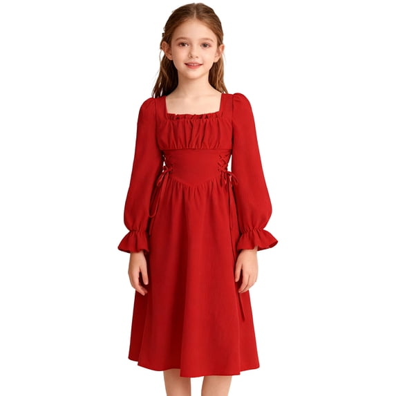Daznico French Square Neck Girls Party Dress with Puff Sleeves Elegant Waist Defining Flared Gown for Formal Occasions and Special Events,10-11 Years