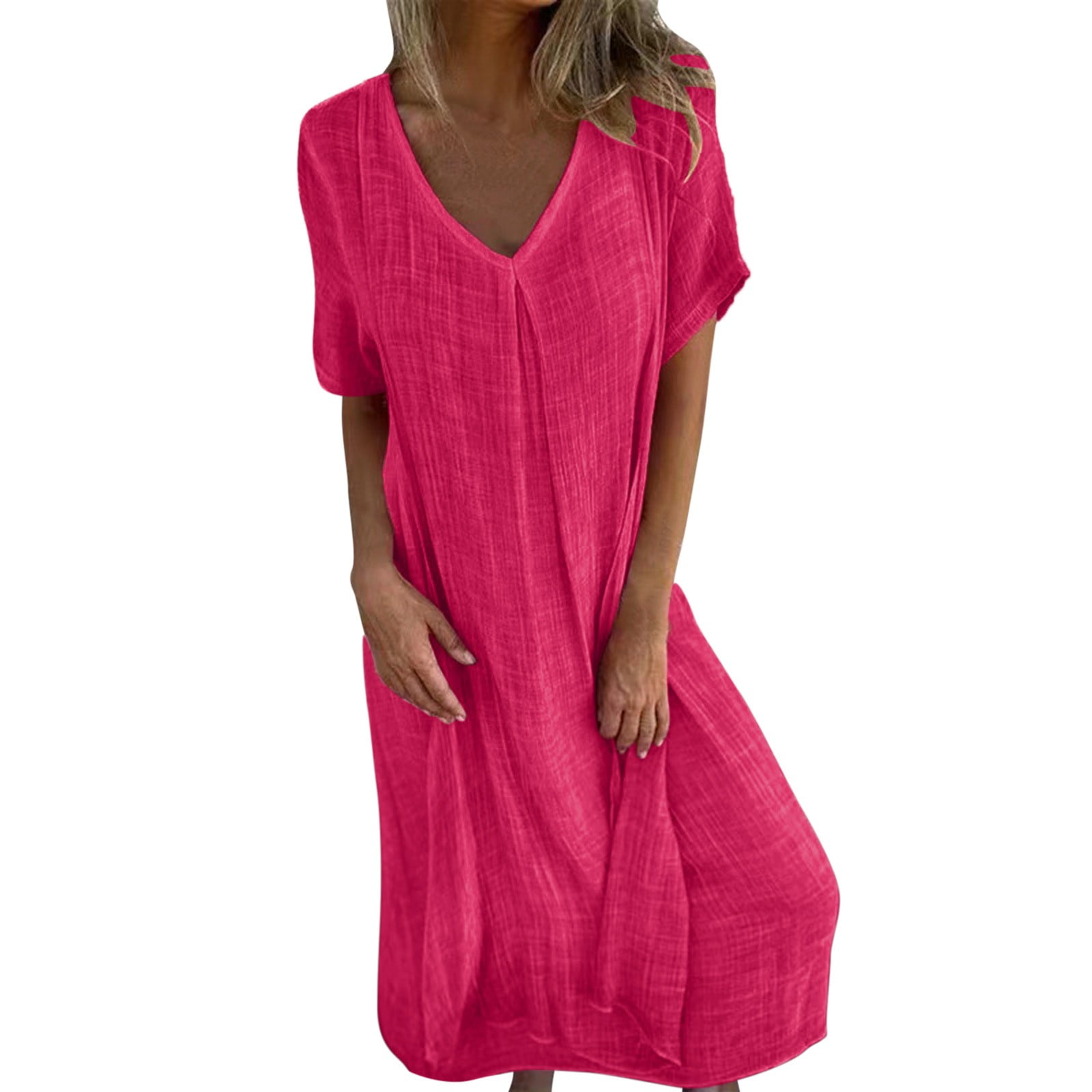 Women's Cotton Linen V-Neck Midi Dress - Summer Casual Long Dress, Solid Colors | Breathable & Flowy - View #7