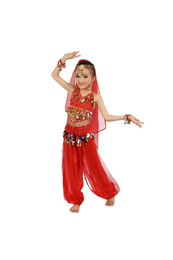 Girl's Cute Dance Show Belly Dance Sequin Mesh Set,3-4 Years
