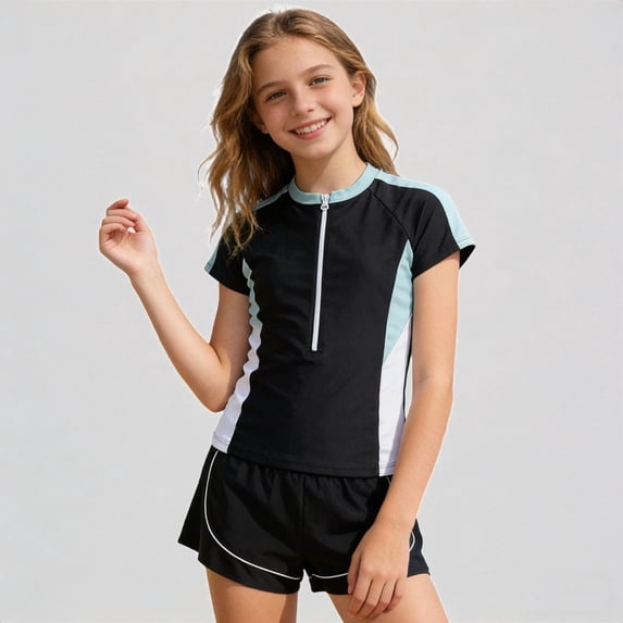 Daznico Girls 2-Piece Short Sleeve Zipper Front Rash Guard & Swim Shorts Set, Sporty Kids Swimwear for Beach Pool,8-9 Years