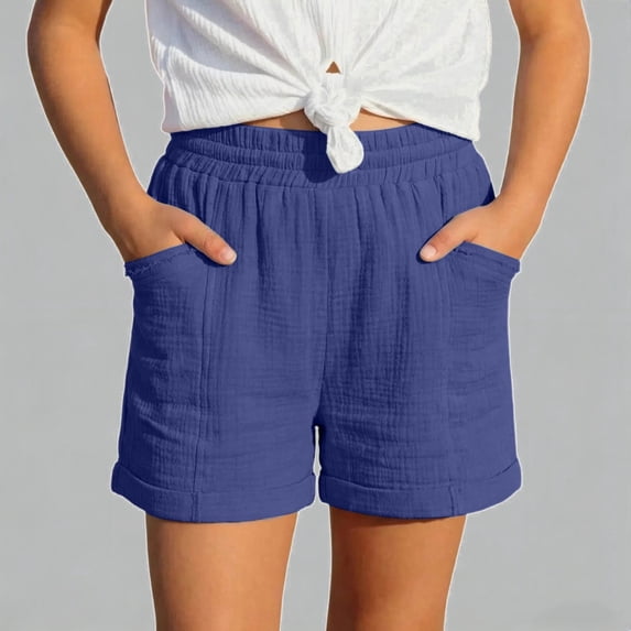 Daznico Girls Crinkle Gauze Shorts Elastic Waist Rolled Hem Breathable with Pockets Comfort Summer Casual Playwear,12-13 Years