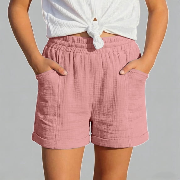 Daznico Girls Crinkle Gauze Shorts Elastic Waist Rolled Hem Breathable with Pockets Comfort Summer Casual Playwear,8-9 Years