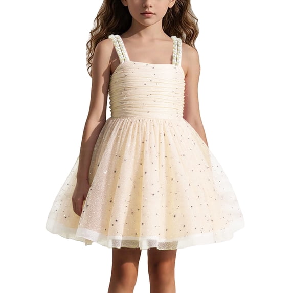 Daznico Girls Dresses Party Dress for Toddlers Kids Beach Casual Sleeveless Tutu Gown with Beaded Straps Flower Girl Performance Outfit,6-7 Years