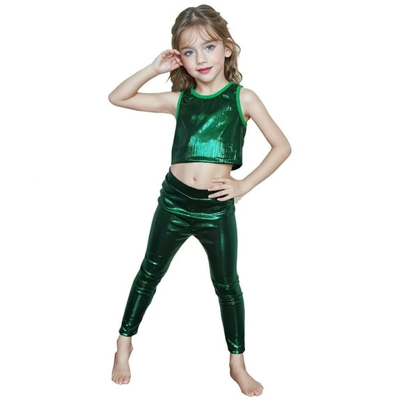 Daznico Girls Glitter Metallic Stripe Leggings Performance Dance Pants Stretchy Straight Leg Trousers Stage for Kids,Mardi Gras Clothing,5-6 Years