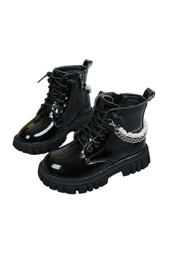 Girls Glitter Pearl Chain Ankle Boots British Style Soft Sole Short Boots for Fall Winter Big Kids,4-4.5 Years