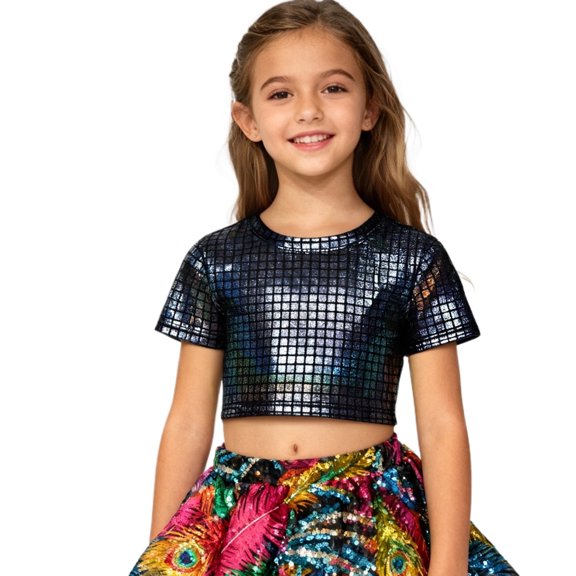 Daznico Girls Grid Glitter Short Sleeve Crop Top for Stage Performance and Casual Wear,Mardi Gras Clothing,3-4 Years