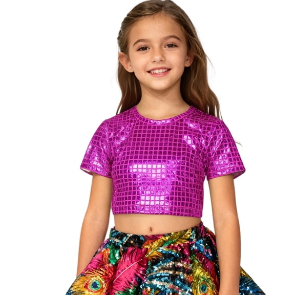 Daznico Girls Grid Glitter Short Sleeve Crop Top for Stage Performance and Casual Wear,Mardi Gras Clothing,5-6 Years