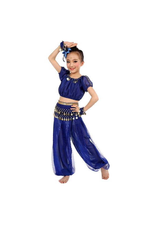 Girls Dance Performance Dress Belly Dance Top Pants Waist Chain Bracelet Head Flower Set Outfits,3-4 Years
