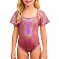 thumbnail image 1 of Daznico Girls Latin Dance Gymnastics Leotard Shiny Rhinestone Short Sleeve Unitard Performance Training for Competition Stage Shows,Mardi Gras Clothing,140, 1 of 4