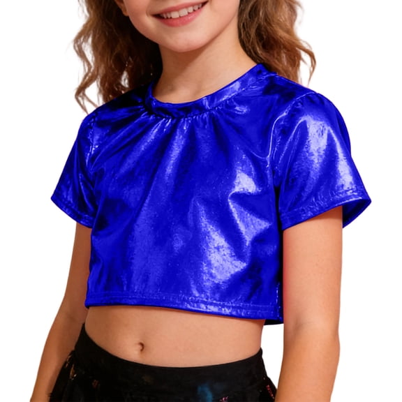 Daznico Girls Metallic Shiny Performance Top Cool Robot Dance Short Sleeve Crop Tee for Stage Show and Role Play,Mardi Gras Clothing,9-10 Years