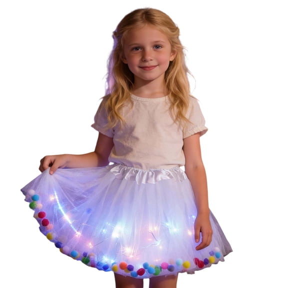 Daznico Girls Tutu Skirt with Colorful Pom Poms for Carnival Party Dance Performance Ballet Layered Skirt,Mardi Gras Clothing,Mardi Gras Skirt,3-14 Years