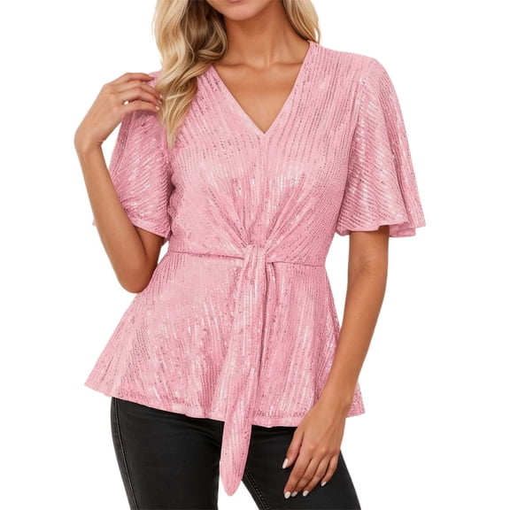 Daznico Glitter Top V Neck Tie Front Short Flared Sleeve Casual and Party T Shirt Blouse for Daily Wear,Mardi Gras Clothing,Mardi Gras Shirts,M