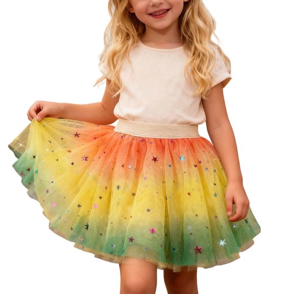 Daznico Graduated Color Rainbow Dress for Girls Elastic Waist Party Gown with Flowy Skirt and Sparkling Elegant Design For,Mardi Gras Clothing,One Size
