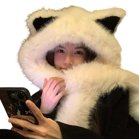 Daznico Hat and Scarf for Winter Animal Ear Hood with Integrated Neck Warmer Cute Cartoon Character Headwear for Cold Weather