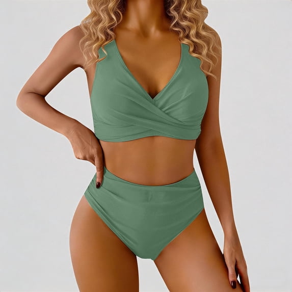Daznico High Waisted Bikini Set, V Neck Twist Front Two Piece Swimsuit, Solid Color Bathing Suit for Beach Pool,M