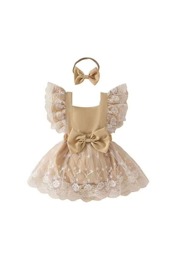 Girls Lace Fly Sleeve Romper Bodysuits Dress Headbands Set,6-9 Months