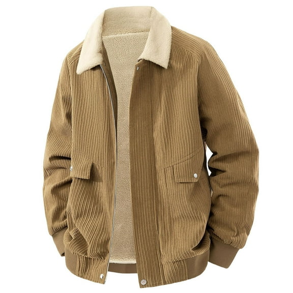 Daznico Jackets for Men,Corduroy Casual Jacket Winter Stand Collar Lined Thick Warm Coats Outerwear for Daily Streetwear,Mens Winter Coats,Size:XL