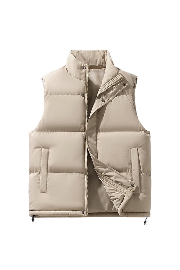 Mens Winter Jacket - Solid Color Concealed Zipper Vest Padded Warm Sleeveless Quilted Jacket Winter Outdoor Insulated Layer -Winter Coats for Men,Color:Khaki,Size:3XL