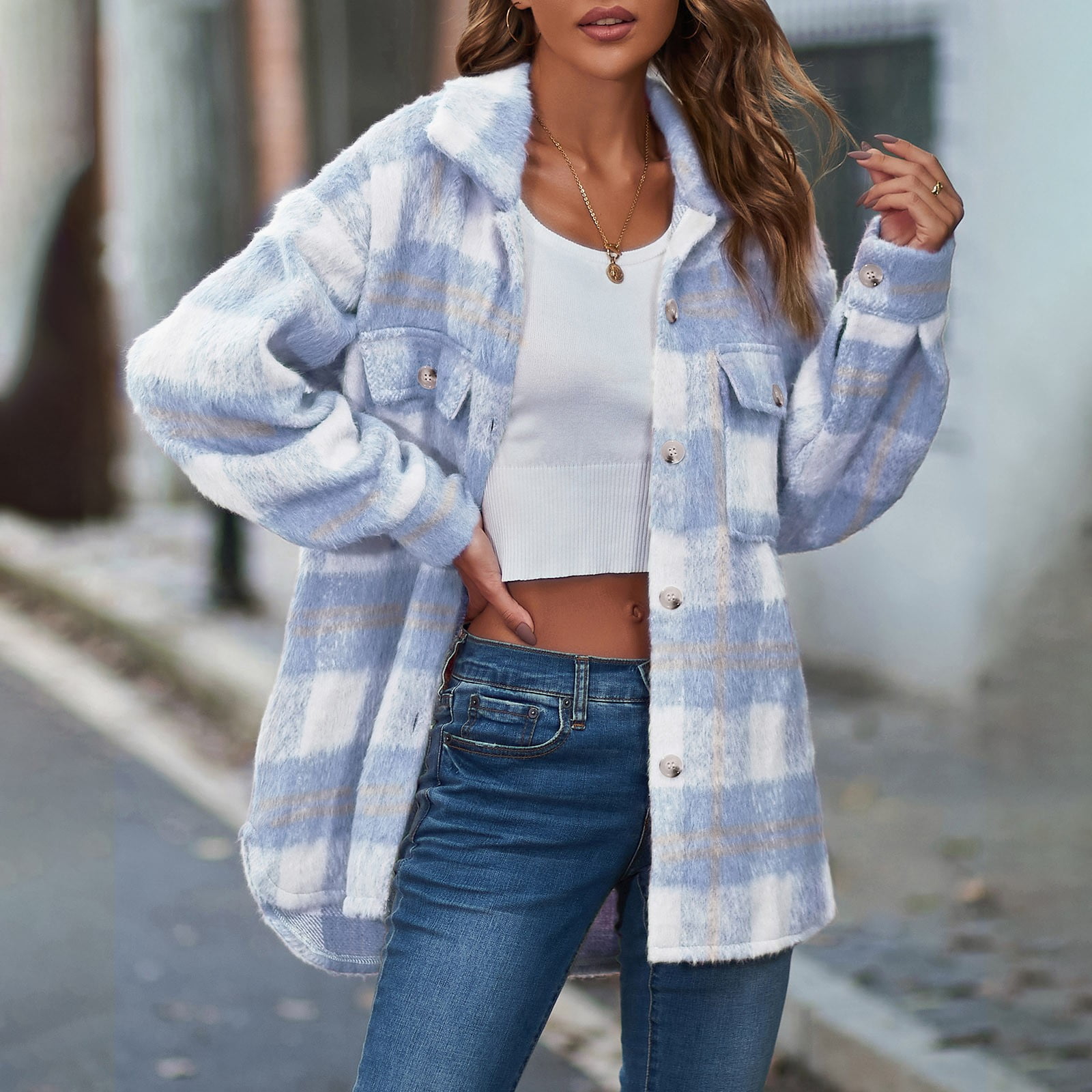 Women blue flannel jacket Clearance