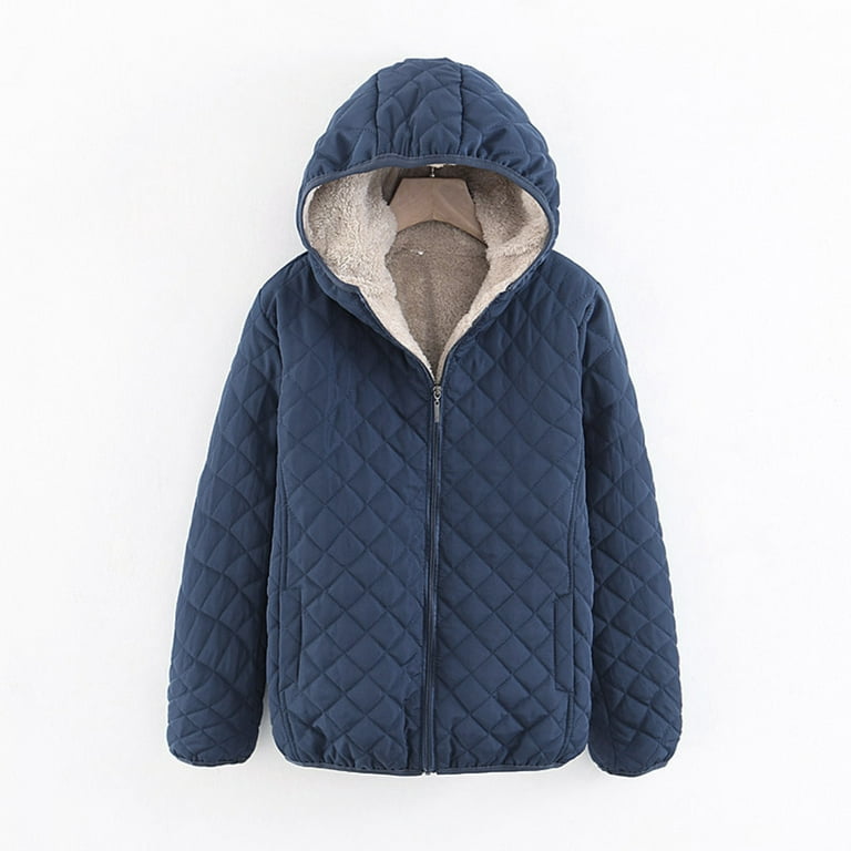 Daznico Jackets for Women Womens Fashion Casual Check Hooded Solid Color Long Sleeve Loose Warm Cotton Coat Navy S