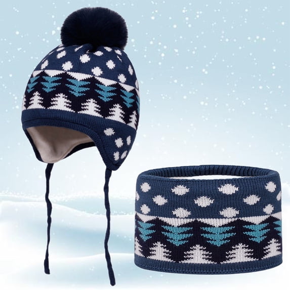 Daznico Kids 2-Piece Knitted Winter Set, Pom Pom Ear Flap Beanie and Lined Neck Warmer, Thermal Warm Accessories for Boys Girls Cold Weather Outdoor Wear