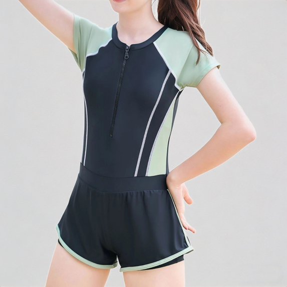 Daznico Kids Girls Swimwear Set 2-in-1 Rash Guard Top & High-Waisted Boy Shorts Zipper Front Swimming Suit for Pool & Beach,9-11 Years