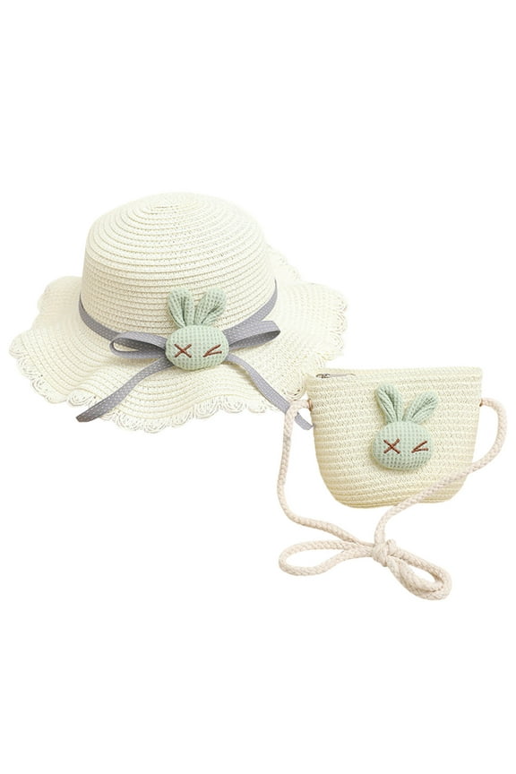 Kids Straw Hat and Bag Set, Cartoon Bunny Sun Protection Beach Hat with Matching Tote for Girls Summer