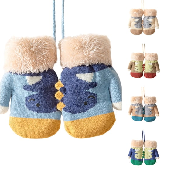 Daznico Kids Winter Knitted Mittens, Lined Warm Toddler Hand Gloves with Anti-Lost String, Cartoon Pattern Cold Weather Baby Outdoor Accessories