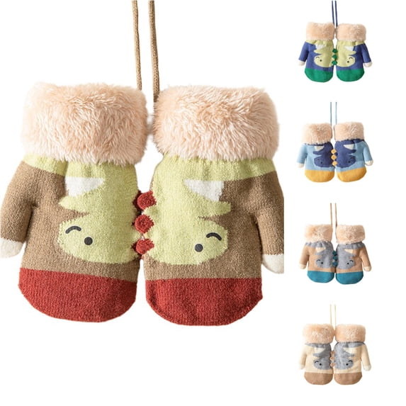 Daznico Kids Winter Knitted Mittens, Lined Warm Toddler Hand Gloves with Anti-Lost String, Cartoon Pattern Cold Weather Baby Outdoor Accessories