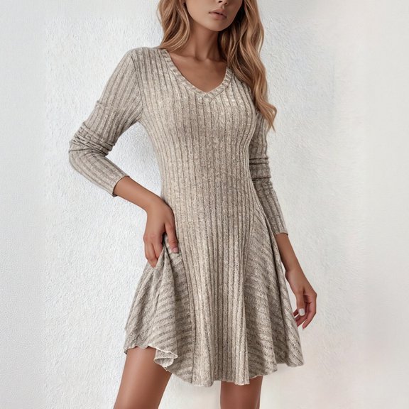 Daznico Knitted Letter Print Casual Long Sleeve Dress Elegant Comfortable Crewneck Tunic Sweater Dress for Daily Wear,L