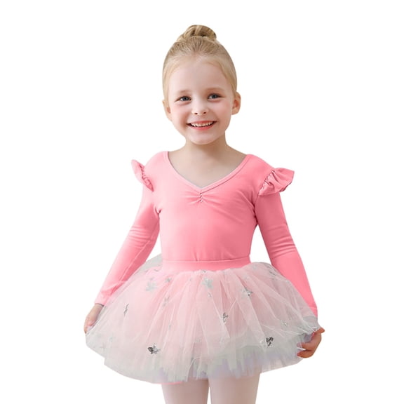 Daznico Long Sleeve Ballet Leotard for Girls with Detachable Tutu Skirt Dance Gymnastics Performance Elegant Twirl Outfit for Recital Practice,Mardi Gras Clothing,7-8 Years