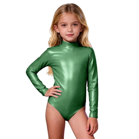 Daznico Long Sleeve Girls Romper Jumpsuit High Neck Back Zip Leotard Solid Color Performance Dance Gymnastics Unitard Stage Show Outfit for Kids Toddler,Mardi Gras Clothing,7-8 Years
