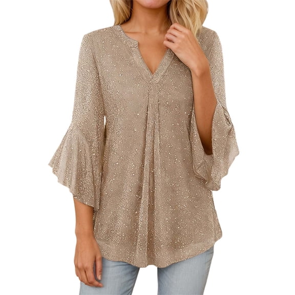 Daznico Loose Fit Top with Thread Mesh Yoke and Petal Design Three Quarter Sleeve Casual Blouse for Everyday Wear Breathable T Shirt Style Elegant Outfit,Mardi Gras Clothing,Mardi Gras,XL