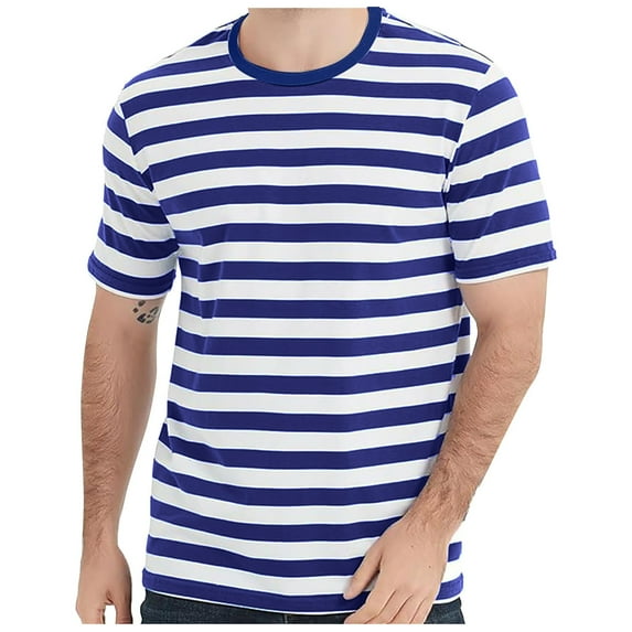 Daznico Mens Shirts - Color Blocked Striped Striped Men Casual Loose Comfortable Business Sports Round Neck Short Sleeved T Shirt - Shirts for Men,Color:Dark Blue,Size:4XL