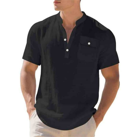 Daznico Mens Shirts - Linen Men's T Shirt Loose Casual Workwear Short Sleeved Top - Shirts for Men,Color:Black,Size:XXL