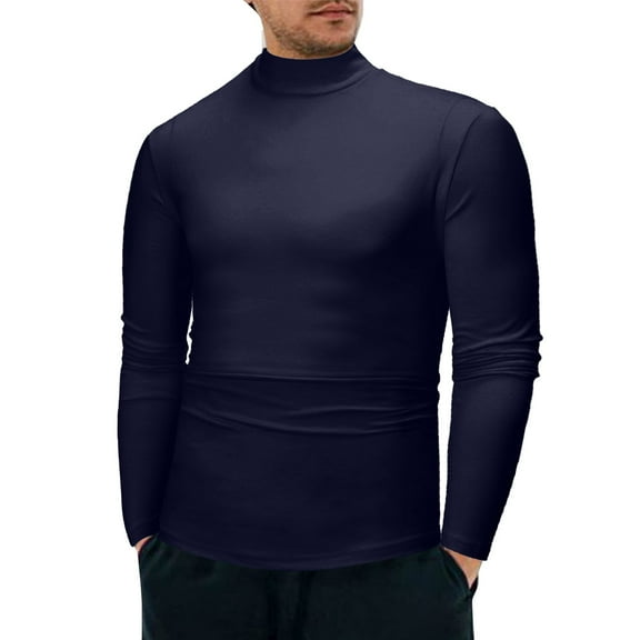 Daznico Mens Shirts - Men Warm Low Collar Thermal Underwear Men Basic Plain T Shirt Blouse Pullover Long Sleeve Top - Shirts for Men,Color:Navy,Size:L
