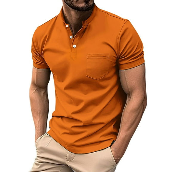 Daznico Mens Shirts - Men's Casual Button Down Lapel Solid Color Shirt Short Sleeve Sleeve Top Shirt - Shirts for Men,Color:Orange,Size:XXL