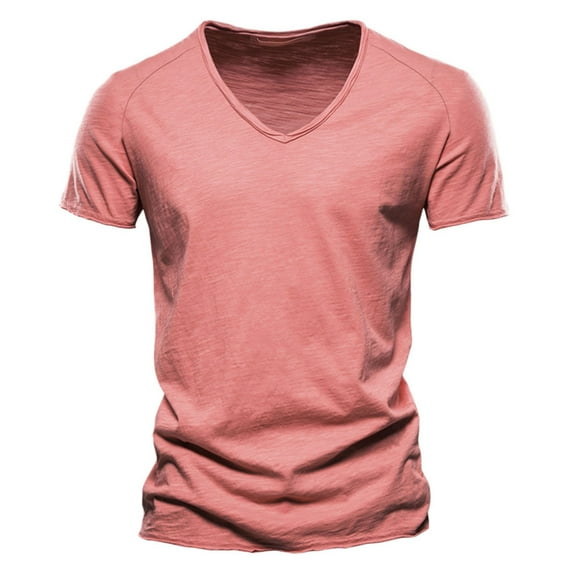 Daznico Mens Shirts - Men's Casual V Neck T Shirts Loose Fit Comfortable Stretchy Pure Color Tee for Daily Wear Tops - Shirts for Men,Color:Pink,Size:M