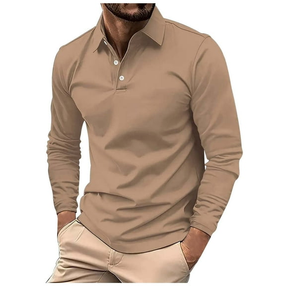 Daznico Mens Shirts - Men's Daily Casual Solid Color Long Sleeved Lapel T Shirt - Shirts for Men,Color:Khaki,Size:S