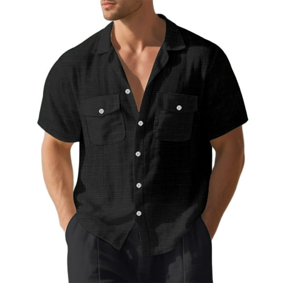 Daznico Mens Shirts - Men's Double Pocket Loose Casual Beach Short Sleeved Lapel Shirt - Shirts for Men,Color:Black,Size:M