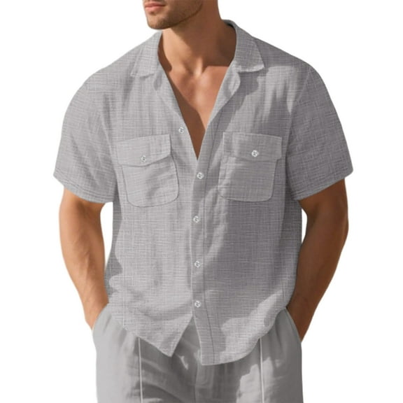 Daznico Mens Shirts - Men's Double Pocket Loose Casual Beach Short Sleeved Lapel Shirt - Shirts for Men,Color:Grey,Size:M